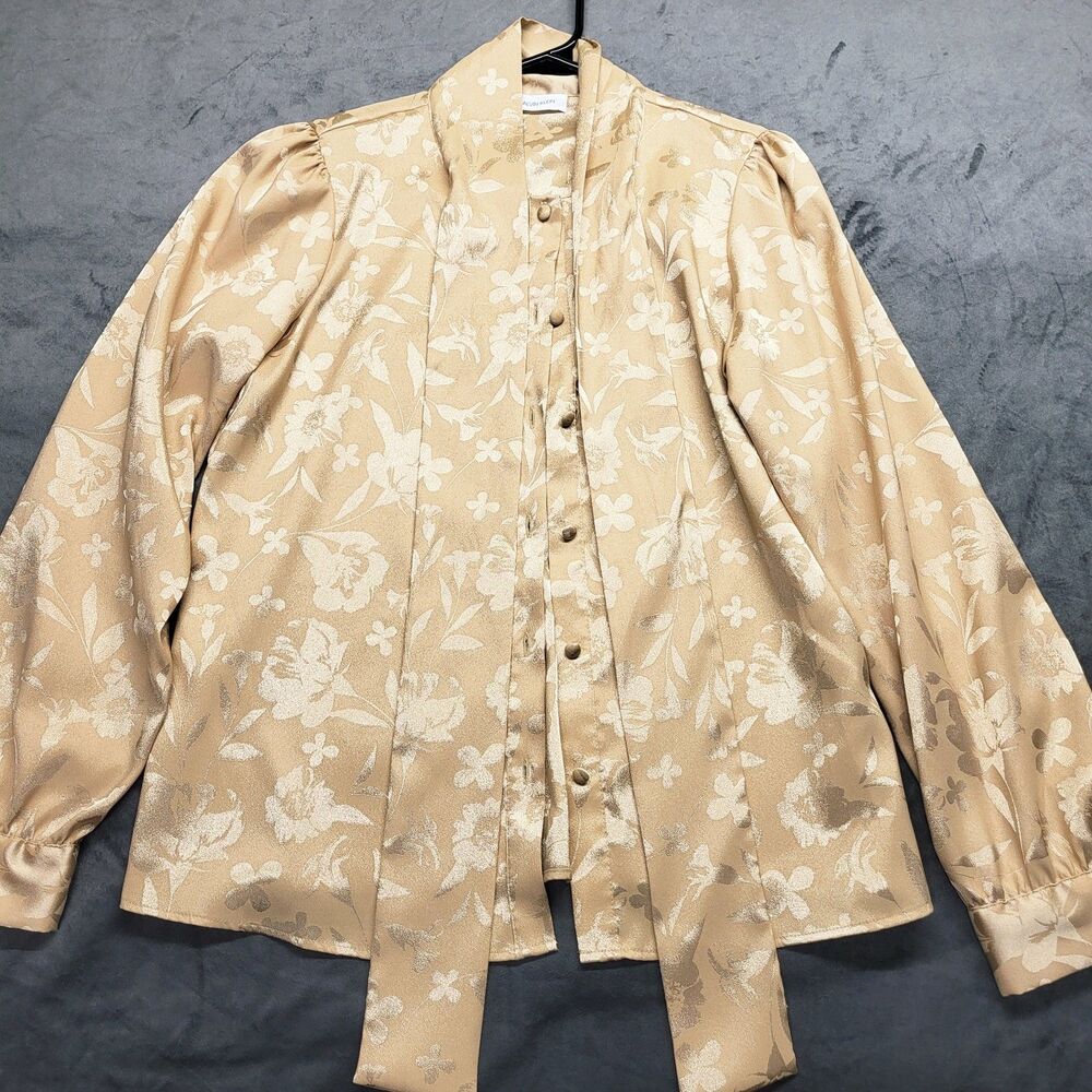 Calvin Klein Womens Gold Mock Neck Bow Shirt Blouse Floral Shimmer *READ*